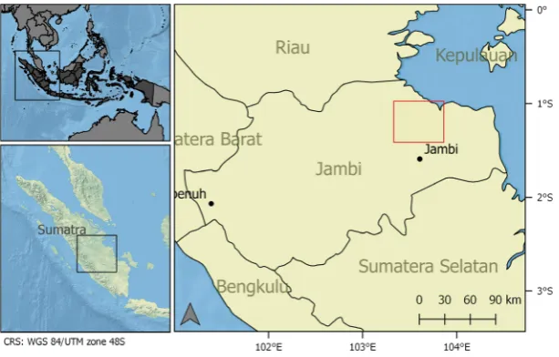 Figure 1. Overview map of the study area in Jambi Province, Sumatra, Indonesia. The study area is indicated with a red box