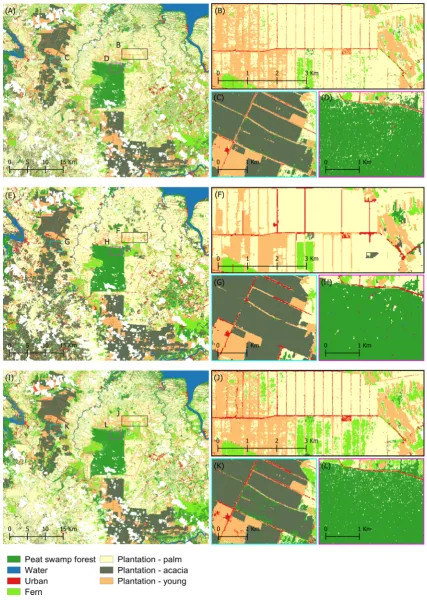 Figure 4. Land cover maps and subsets based on data fusion in the (A–D) pixel-based classiﬁcation using OPVs, (E–H) object-based classiﬁcationand (I–L) pixel-based classiﬁcation using PCs