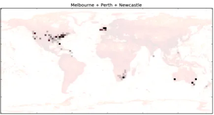 Figure 2: MapVec visualisation (before reshapinginto a 1D vector) for Melbourne, Perth and New-castle, showing their combined prior geographicprobabilities
