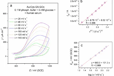Figure 4.  CVs obtained at Au-Cys-GA-GOx electrode using phosphate buffer (0.1 M, pH 7.0) and 5 mM glucose and human serum at different scan rates (a), the dependence of anodic peak currents on square root of scan rate (b), the dependence of anodic peak po