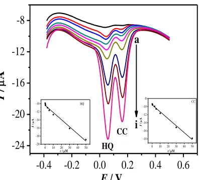 Figure 5. DPVs of (A) different concentrations (0.1 μM, 0.5 μM, 1 μM, 3 μM, 5 μM, 10 μM, 30 μM, 50 μM, 100 μM) of HQ containing 5.0 μM CC and (B) different concentrations (0.1 μM, 0.5 μM, 1μM, 3 μM, 5 μM, 10 μM, 30 μM, 50 μM, 100 μM) of CC containing 5.0 μ