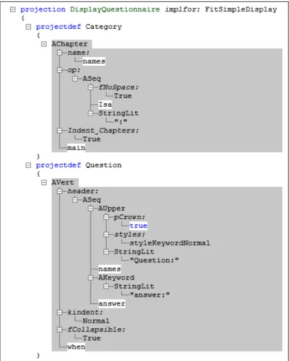 Figure 22.6: The projection rules for Category and Question . The one for Category creates an AChapter (which is rendered with large, bold font text) whose text is made up of the name of the category (cf