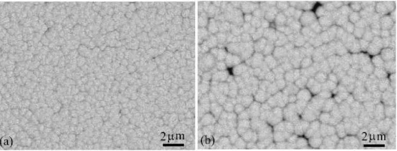 Figure 6. SEM images of the Cu-Mo-Al films electrodeposited (a) at a frequency of 0.7 MHz and (b) at a frequency of 1.2 MHz