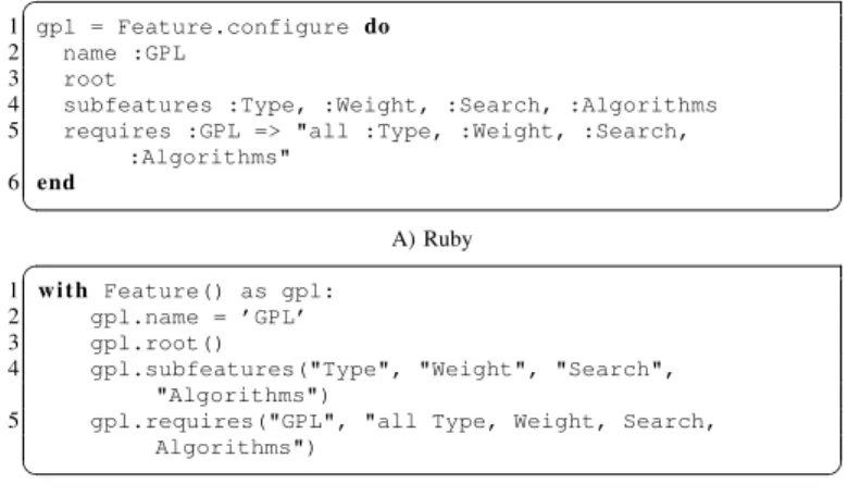 Figure 3: Defining Features with the DSLs based on Ruby and Python