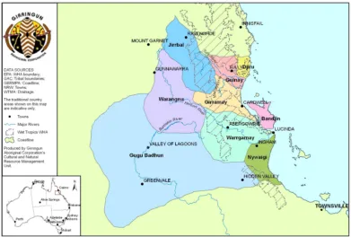 Figure 7.1: Indicative tribal boundaries of Traditional Owner groups in the Girringun Region and boundaries of the southern section of the WTWHA 