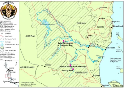 Figure 7.2 : Location of the Jumbun Aboriginal Community and Echo Adventures and Cultural Camp in relation to tribal boundaries and WTWHA boundaries 