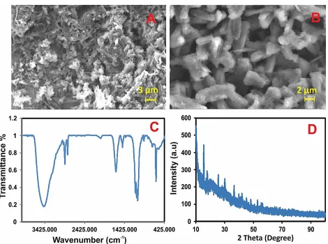 Figure 1.  (A&B) SEM images of [Co(en)3]2+ complex (C) IR spectra of [Co(en)3]2+ and (D) XRD spectra of [Co(en)3]2+ complex
