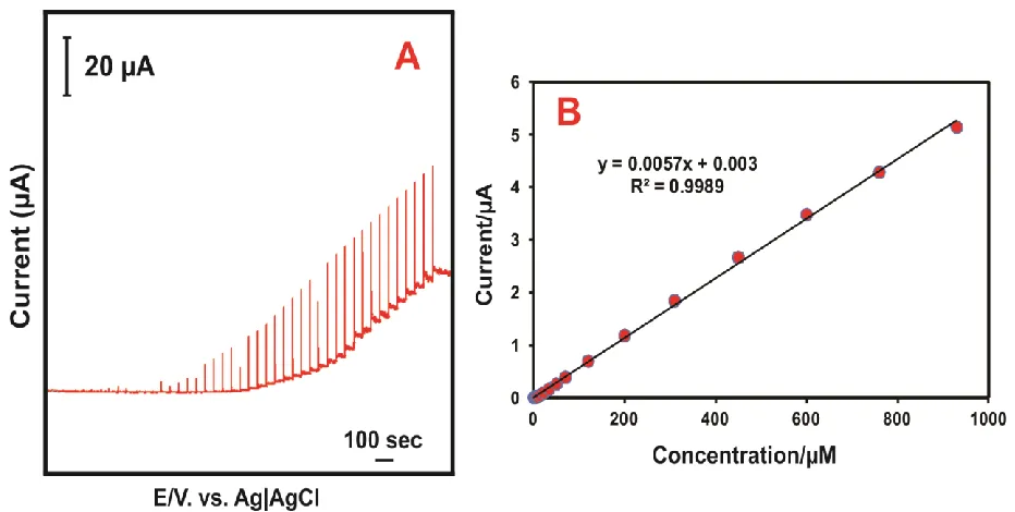 Figure 7. (A)  Amperometric response for the oxidation of EA with different concentration in PBS (pH 5)
