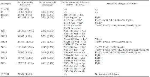 TABLE 1. Summary of nucleotide and amino acid differences between WNV strains NY99 and ETH76a