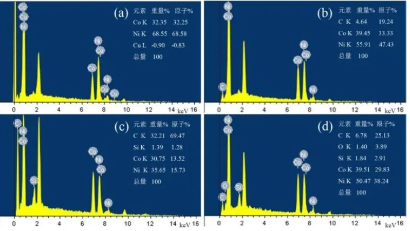 Figure 3. EDS spectrum of the Ni-Co alloys prepared with CoSO4 (a) 20 g/L, (b) 40 g/L, (c) and (d) is Ni-Co/SiC alloys corresponding to C and B region in Fig.2 respectively