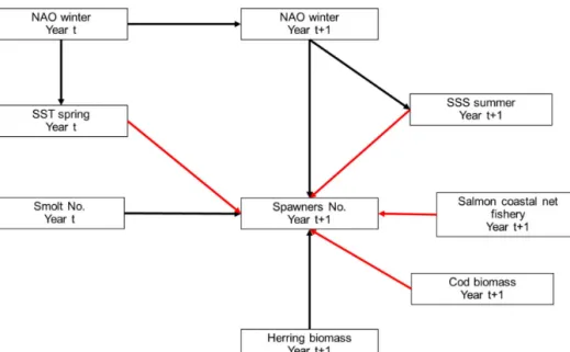 Figure 5 An example of a directed acyclic graph of a hypothesized candidate SEM. Black arrows imply positive relationships, and red arrows imply negative relationships