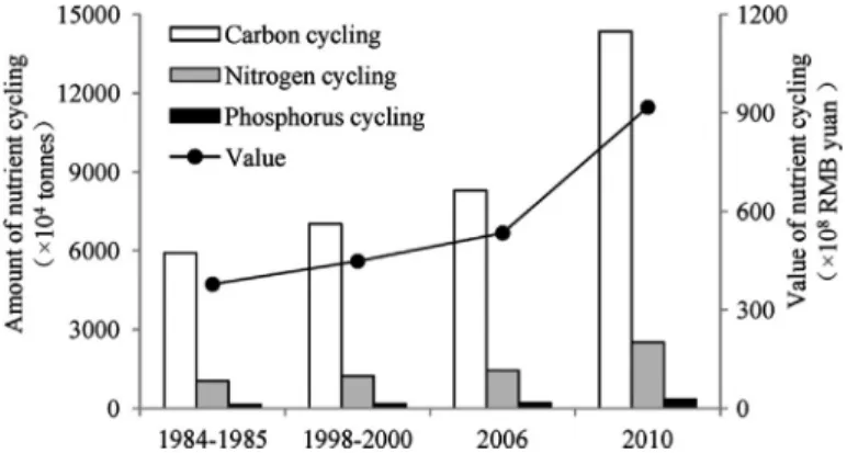 Fig. 8. Amount (left ordinate) and value (right ordinate) of nutrient cycling of the Yellow Sea ecosystem.