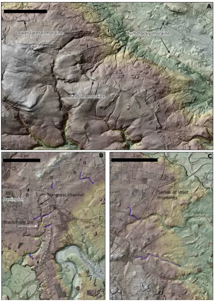 Fig. 6. Examples of morainic mounds and ridges. Locations of examples are shown inFeldom moraine (~380 m asl) and inset lateral moraines at lower elevations