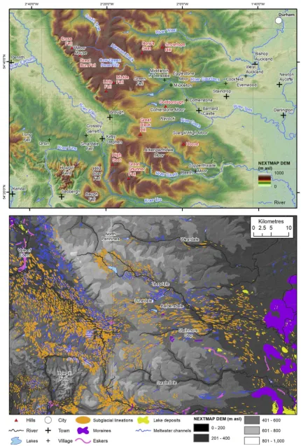Fig. 2. A. Study area and place names mentioned in text. B. Drumlins, moraines and meltwater channels mapped across the study area from the BRITICE V2 database (Clark et al.,2018)