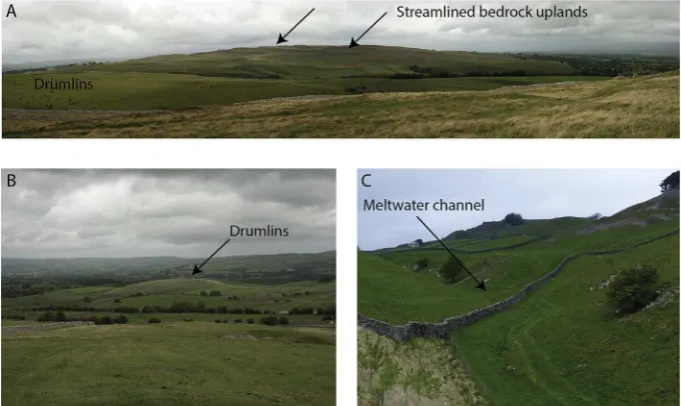 Fig. 3. A: Streamlined bedrock on uplands around Smardale Fell, Vale of Eden, Southwest of Kirby Stephen, with drumlins in the foreground