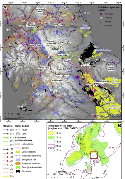 Fig. 4. A. Published geomorphology and ages of the central sector of the British-Irish Ice Sheet