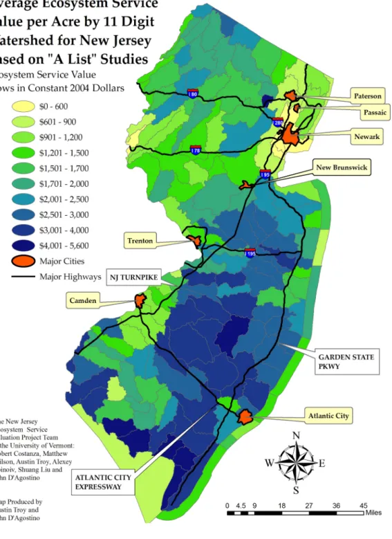 Figure 1: Average Ecosystem Service Value per acre by Watershed for New Jersey  