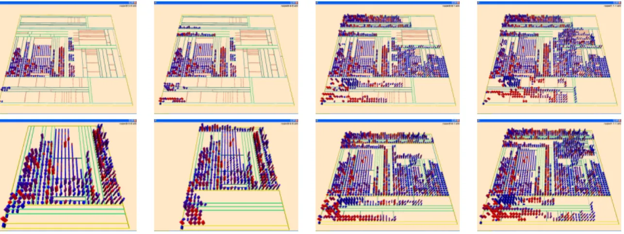 Figure 1. Four frames of RSSOwl using (top) the static position layout animation and (bottom) the relative position layout animation.
