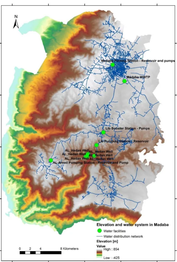 Figure 1. The elevation and water system of Madaba, Jordan.