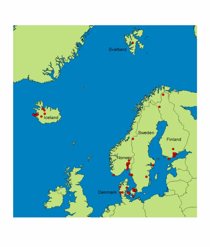Figure 4.1 All sampling sites from the Nordic countries. Each sampling station is indicated by a red  circle