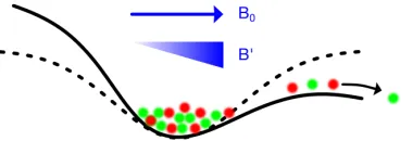 Figure 4.3: Schematic view on the magnetic evaporation. The optical trapping potential istilted along the direction of the applied gradient B′, since the atoms were prepared in the states|1⟩ and |2⟩, which are high ﬁeld seeking at the magnetic ﬁeld value B0 = 599 G.