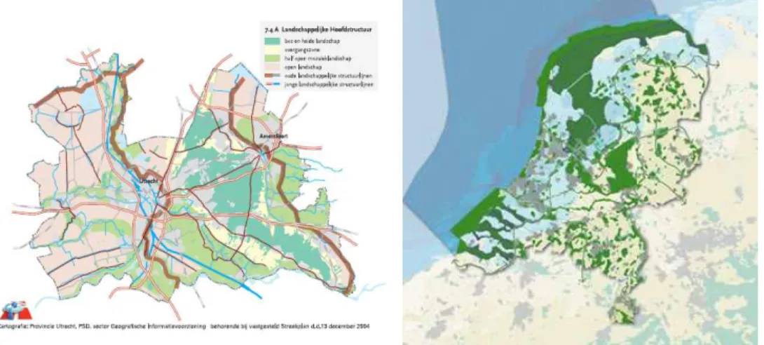 Figure 5  The province of Utrecht, Landscape Structure of the regional structure plan (left) and Nota Ruimte,  Nature development in The Netherlands (right) (Source: www.provincie-utrecht.nl and www2.vrom.nl/notaruimte) 