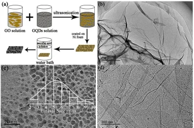 Figure 1 . (a) Schematic diagram of the process for fabricating electrodes. (b)-(d) TEM images of GO, GQDs and rGO/GQDs-(3:1)