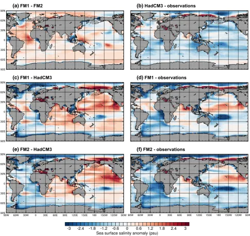 Fig. 11  Difference in sea surface salinity: a FM1 minus FM2, b HadCM3 minus observations, c FM1 minus HadCM3, d FM1 minus observations, e FM2 minus HadCM3, and f FM2 minus observations