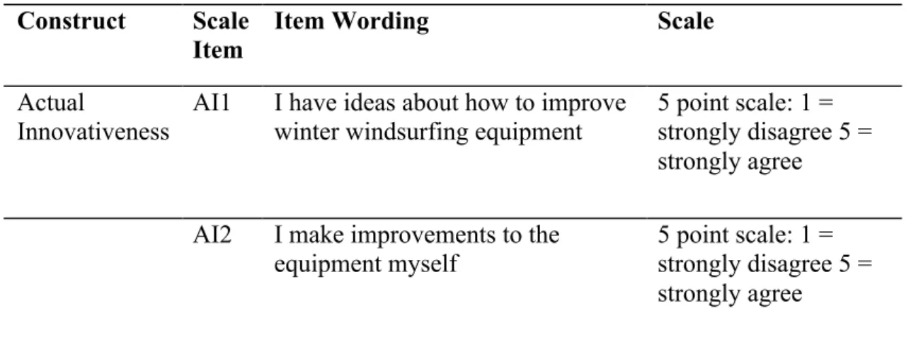 Table 3: Items describing the construct of actual innovativeness 
