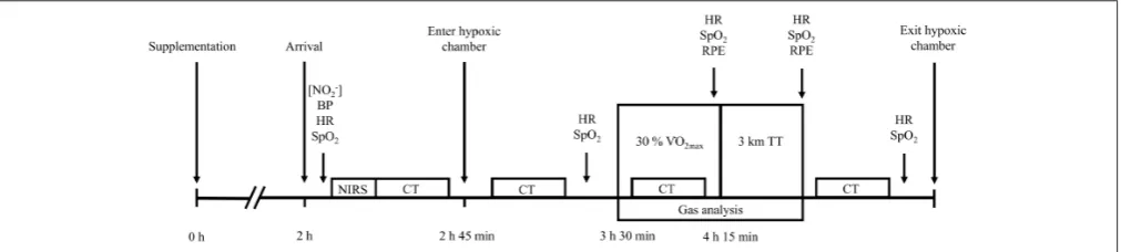 FIGURE 1 | A schematic representation of the experimental trials protocol. [NO−2 ], assessment of plasma nitrite concentration; BP, blood pressure; HR, heart rate;SpO2, peripheral oxygen saturation; NIRS, near-infrared spectroscopy baseline; CT, cognitive testing; RPE, ratings of perceived exertion; TT, time-trial.