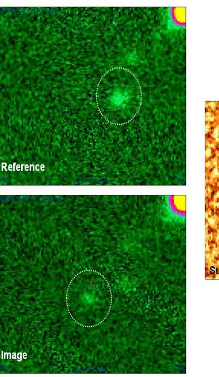 Figure 9.6.2.1.3. Close-ups of an image, reference, and OIS from the DLS.The asteroid is located at 5.2 AU, which is the semi-major axis of Jupitersuggesting this asteroid may be within the Trojan class