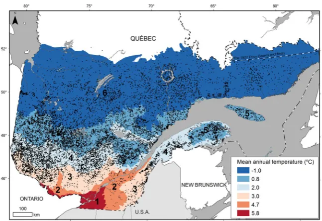 Figure 1. Location of sample plots (black dots n = 33,711) in Quebec (Canada) where black spruce trees were sampled for tree-ring measurements