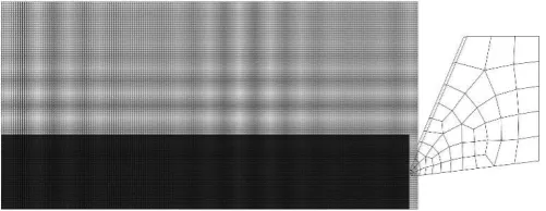 Fig. 1. Initial geometry of the model for an uncut chip thickness, h, of 0.1 mm; the zone corresponding to the workpiece is in black