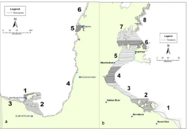 Figure 1. in November 2007 in (a) the Queensland coast and (b) the Northern Territory coast of the Gulf of Carpentaria