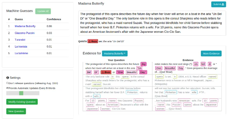 Figure 2: The writer inputs a question (top right), the system provides guesses (left), and explains whyit’s making those guesses (bottom right)