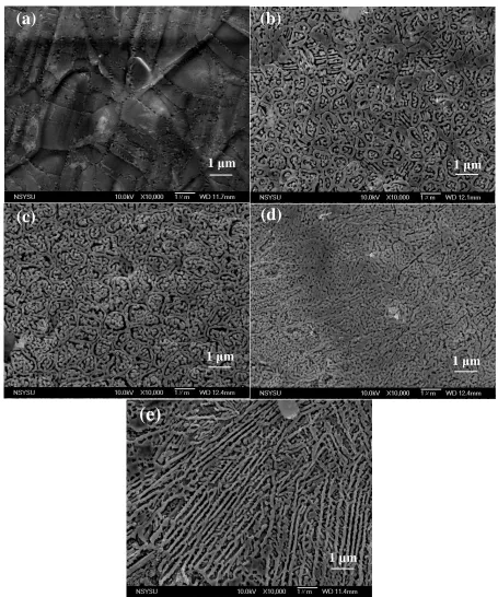 Figure 2.  SEM micrographs of the Ag30Al70 samples under the as-spun and the de-alloyed in the 5 wt% HCl solution for different periods of time: (a) as-melt-spun, (b) 5 min, (c) 10 min, (d) 20 min, (e) 30 min