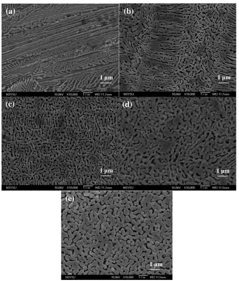 Figure 4.  SEM micrographs of the Ag40Al60 samples under the as-spun and the de-alloyed in the 5 wt% HCl solution for different periods of time: (a) as-melt-spun, (b) 5 min, (c) 10 min, (d) 20 min, (e) 30 min