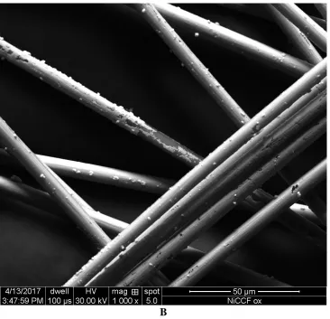 Figure 2. a) SEM micrograph picture of non-oxidized Toho-Tenax 12K50 NiCCF tow electrode, taken at 1,000× magnification; b) As in (a), but for oxidized NiCCF electrode