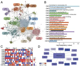 Fig. 4.Influenza vaccination consensus network. (A) The consensus network was constructed by intersecting CEMiTool results from all IV cohorts and pri-oritizing frequently detected edges