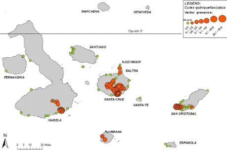 Fig. 1. Presence of Culex quinquefasciatus at 127 sampled locations in Galápagos (circle size indicates relative abundance)