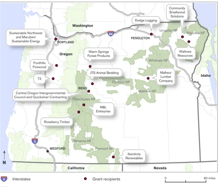 Figure 1  Eastern Oregon Woody Biomass Utilization grantees Oregon forest-biomass  certified source  and  destination locations!!!!§¨¦84§¨¦5§¨¦5Interstates