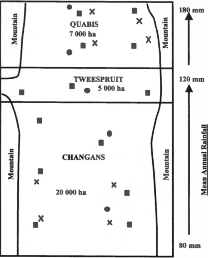 Fig. 1. Schematic map of the ranches Quabis, Tweespruit and Changans in central Namibia.