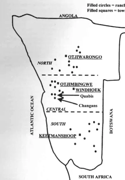 Fig. 2. Schematic map of the 31 ranches in the large -scale study and the position of the cities and towns (squares) mentioned in the text.