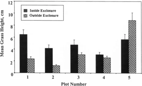 Fig. 5. Mean ± S.E. grass height inside and outside exclosures in March 1998.