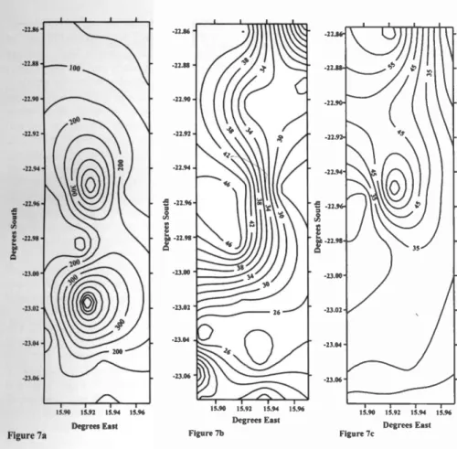Fig. 7. a. Contour plot of calculated stocking densities (ha/LSU) on Quabis, Tweespruit and Changans in 1995 -1996