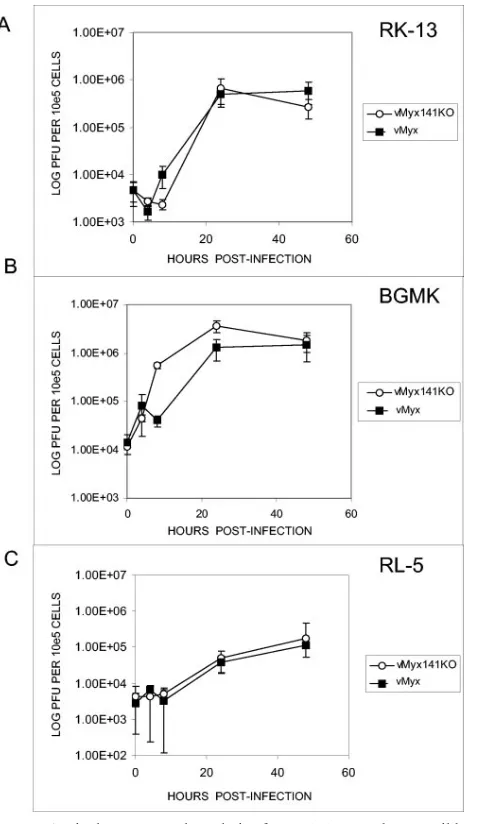 FIG. 5. Single-step growth analysis of vMyx141KO and vMyx wild-type control myxoma viruses on the RK13 (A), BGMK (B), and RL-5