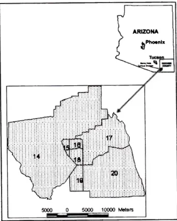 Fig.  2.  Landsat  ETM+  4,3,2  composite  image  and metadata  of  Sierra  Vista  census  division,  1999