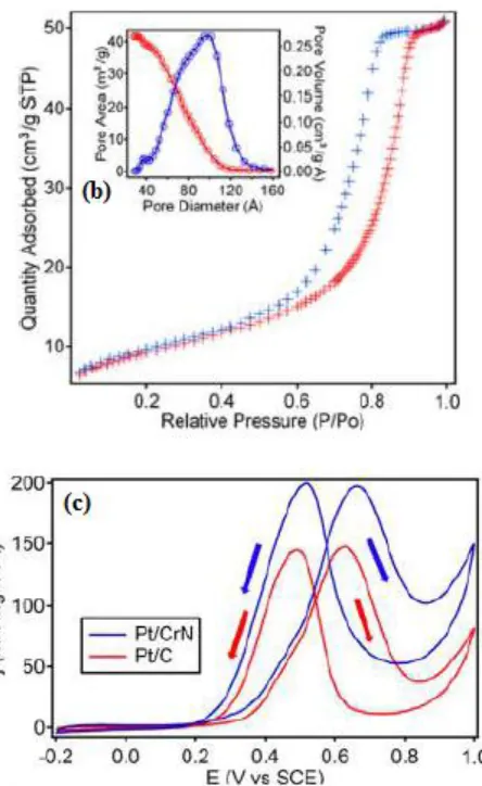 Figure 10.  (a) TEM of the Pt/CrN catalyst (b) BET surface area of mesoporous CrN prepared by ammonolysis of K2Cr2O7 at 700° C for 8 h (c) Cyclic voltammograms of Pt/CrN catalyst as compared to Pt/C catalyst in 0.6 V in 1 M CH3OH + 0.5 M H2SO4 Solution