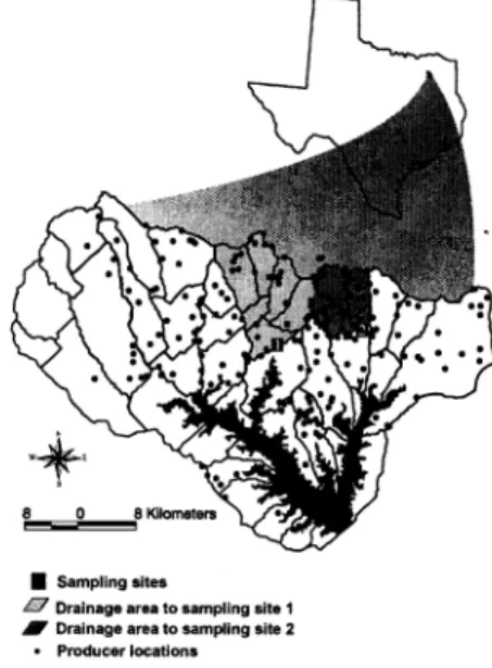 Fig.  1.  The Lake Fork  Reservoir Watershed  (LFRW)  with  locations  of dairy opera-  tions, sampling  sites,  SWAT  subbasins,  and the  reservoir