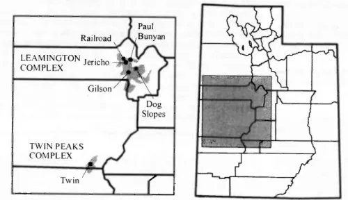 Fig.  Utah.  1.  Location  of  1996  fire  complexes  (shaded)  and rehabilitation  study  sites in  west-central  Another  fire,  the  Leamington  Complex,  occurred  in  an  area  about  120  km  to  the 